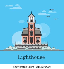 Alone lighthouse on a stormy shore. A lighthouse made of red brick with an outgoing bright light of a lamp that shines into the distance to other ships 