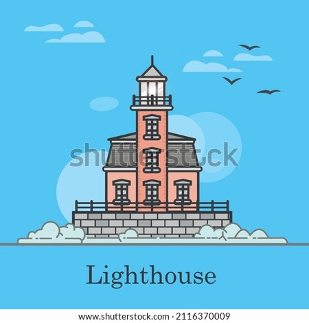 Alone lighthouse on a stormy shore. A lighthouse made of red brick with an outgoing bright light of a lamp that shines into the distance to other ships 
