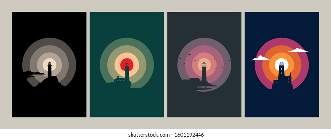 Alone Lighthouse Poster Set, Old Beacons, Color Circles Backgrounds