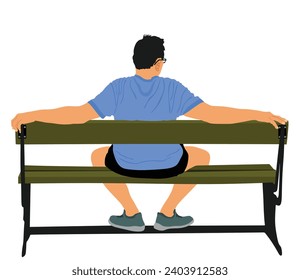 Alone man sitting on bench in park vector illustration isolated on white background. Summer outdoor rest in sports wear. Tourist mature man waiting woman. Male hug bench with open arms.