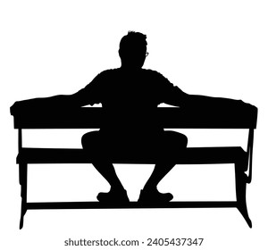 Alone man sitting on bench in park vector silhouette illustration isolated on white background. Summer outdoor rest in sports wear. Tourist mature man waiting woman. Male hug bench with open arms.