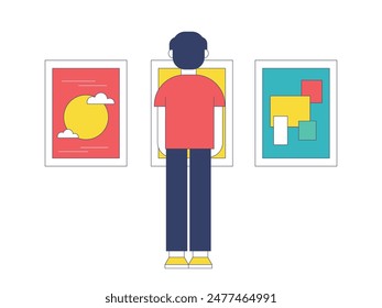 Alone man standing looking at painting in museum. Character design. Vector flat illustration