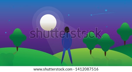 Alone man standing showing back under moonlight and night sky with nature vector banner illustration.
