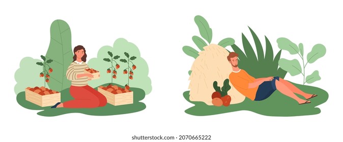 Alone with nature, solitude concept. Man and woman sitting outdoors, harvesting crops and haystacks. Characters relaxing and enjoying environment. Cartoon flat vector set isolated on white background