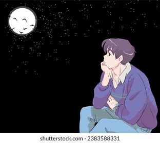 Alone night anime boy looking at sky,anime boy looking at sky,anime boy,anime boy vector illustration 