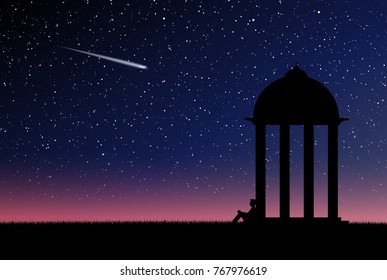 Alone person is waiting in front of gazebo, night sky full of stars