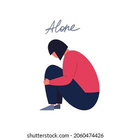 Alone. Sad lonely girl sitting and hugging her knees. Depressed female character. Vector illustration in flat style. 