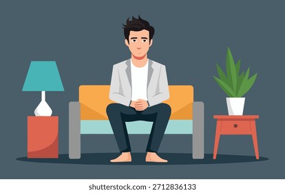 Ilustración vectorial de hombre triste solo: carácter masculino emocional y solitario que se siente deprimido, aislado, molesto y reflexivo, perfecto para la salud mental, la expresión emocional y el concepto de soledad 