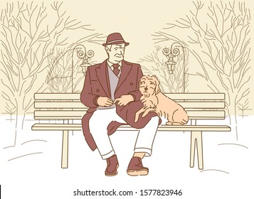 Alone Sad Old Man And His Dog Are Sitting On The Bench In Winter Cold Snow Park. Urban Landscape. Depressed Mood. Vector Illustration. Line Art Style.