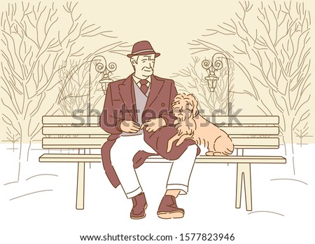 Alone sad old man and his dog are sitting on the bench in winter cold snow park. Urban landscape. Depressed mood. Vector illustration. Line art style.
