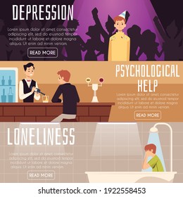 Alone sad young man in stress, depression and sadness because of loneliness. Lonely unhappy male need in psychological help. Flat cartoon vector illustrations, banners with text.