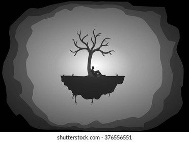 Alone silhouette on lonesome island