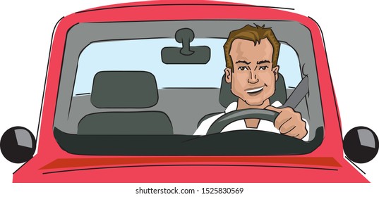 alone smiling man driving a red car