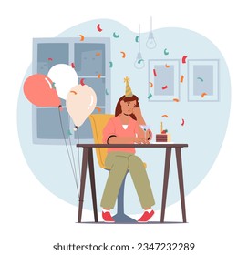 Alone And Somber, A Woman Quietly Celebrates Her Birthday. Sad Female Character Reminiscing Past Memories And Longing For Companionship And Joy On Her Special Day. Cartoon People Vector Illustration