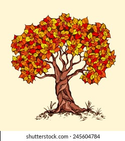 Alone spring tree with colored leaves in a stylized style. Grass on the ground. Isolated on white background. Vector illustration.