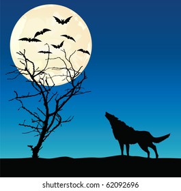 Alone standing wolf and the dried up tree on which fly bats against the full moon