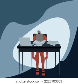 Alone Teenager girl is tried and be absent-minded sitting face down at the table with laptop and books  isolated vector illustration concept for hard work ,hard education ,depression, anxiety or sad.