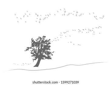 Alone tree and flying birds. Vector image. White background.