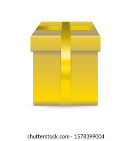 Alone vector golden box for gift with yellow ribbon isolated on white background. Realistic illustration. Concept for holidays.