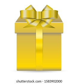 Alone vector golden shiny box for presents decorated with glossy bow isolated on white background. Realistic illustration. Concept for holidays.