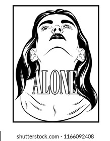 Alone. Vector hand drawn illustration of pretty young girl isolated. Creative tattoo artwork. Template for card, poster. banner, print for t-shirt, pin, badge, patch.