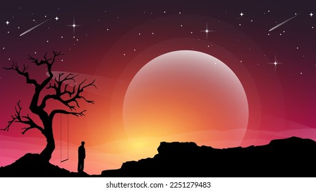 alone walpaper. silhouette of a person in the night. alone man wallpaper 4k. sad man walpaper. beautiful sky in sunset. sunset. orange sky.