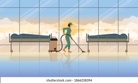 Alone woman cleaning maid working at morgue room hospital with corpse in the early morning sunrise. Daily routine career lifestyle of diligent work hard overwork lifestyle professional service hours.