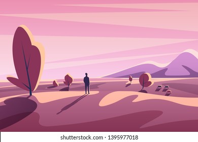 Alone young man looking on sunset landscape with mountains, trees, animals. Fantasy minimalistic cartoon flat vector illustration.