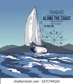 Along the coast.sketch sailboat graphic design.Can be used as t shirt printing design.