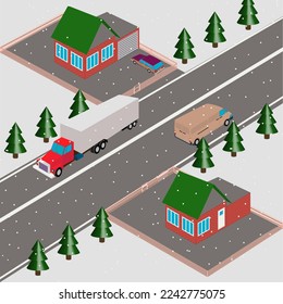 Along the cottage village there is a motorway with cars. A truck and a van are driving along the highway during a snowfall.