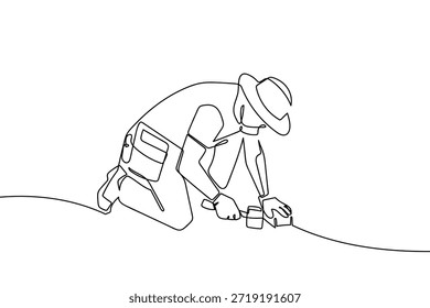 Ao longo da primeira linha, um trabalhador da construção civil está colocando tijolos para uma passarela. Ilustração gráfica vetorial de design de desenho de linha única.
