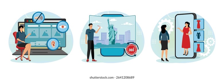 Alongside a seated woman explaining inclusive web design on a large screen. A man interacts with a virtual reality experience. A woman uses a smart phone application to change virtual clothes.
