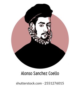 Alonso Sanchez Coello foi um pintor de retratos espanhol que trabalhou na corte de Filipe II. Ilustração de vetor desenhada à mão