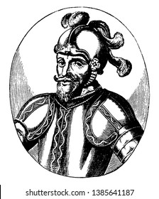 Alonzo de Alvarado, 15081555, he was a Spanish conquistador who explored Peru, vintage line drawing or engraving illustration