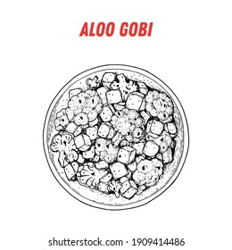 Aloo gobi sketch, Indian food. Hand drawn vector illustration. Sketch style. Top view. Vintage vector illustration.