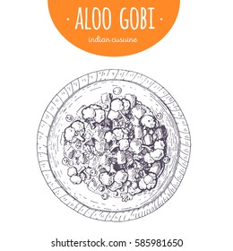  Aloo gobi top view vector illustration. Indian cuisine. Linear graphic.