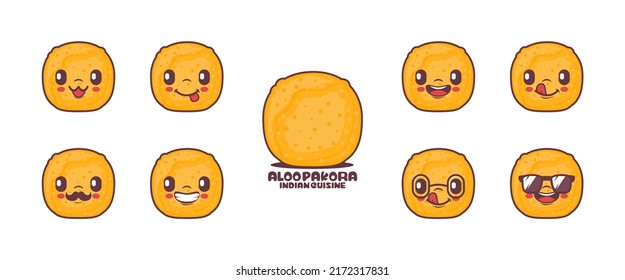 Caricatura de Aloo Pakora. ilustración tradicional de los vectores de comida india. icono, emoticonos, dibujos animados. aislado en un fondo blanco