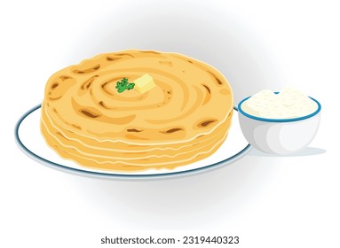 Aloo Paratha Indian Potato stuffed Flatbread vector illustration on white Background.