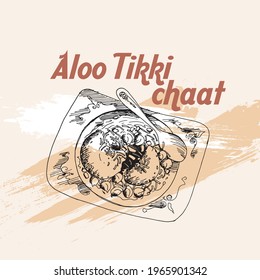 Aloo Tikki Chaat vector illustration. Hand drawn Indian food.