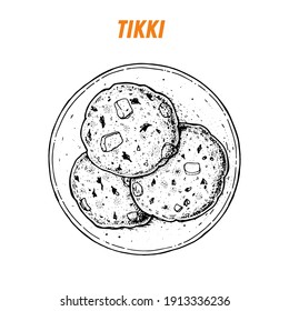 Aloo Tikki  sketch, Indian food. Hand drawn vector illustration. Sketch style. Top view. Vintage vector illustration.