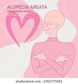 Alopecia awareness month poster. Beautiful bald girl is hugging herself. Bald is beautiful. Vector illustration