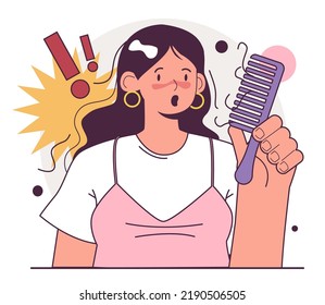 Alopecia, balding process. Character suffeering from receding hairline and hair loss. Weak hair folicule problem. Flat vector illustration