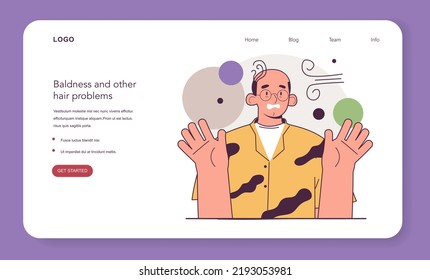 Alopecia, balding process web banner or landing page. Character suffeering from receding hairline and hair loss. Weak hair folicule problem. Flat vector illustration