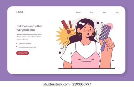 Alopecia, balding process web banner or landing page. Character suffeering from receding hairline and hair loss. Weak hair folicule problem. Flat vector illustration