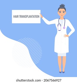Alopecia concept. Female doctor holding hair transplantation board in his hand. Hair loss medical treatment design template. Vector flat illustration.