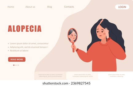Alopecia concept. Landing page template. Sad woman with baldness disease and problems of the scalp. Unhappy female character with mirror. Vector illustration in flat cartoon style.
