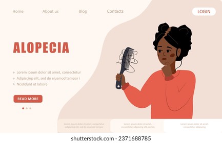 Alopecia concept. Landing page template. Sad african woman loses hair. Baldness disease and problems of the scalp. Unhappy female character with hair brush. Vector illustration in flat cartoon style.