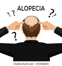 Alopecia concept. Man is showing his hairloss nape. Vector flat illustration.