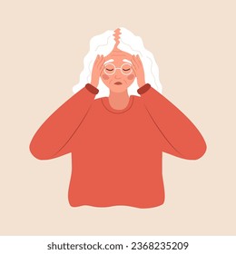 Alopecia concept. Sad elderly woman loses her hair. Baldness disease and problems of the scalp. Unhappy female character with hair thinning. Vector illustration in flat cartoon style.