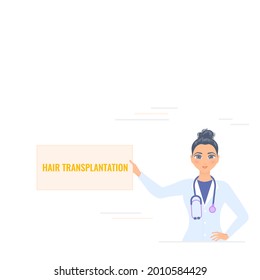Alopecia concept. Woman doctor holding hair transplantation board in his hand. Hair loss medical treatment design template. Vector flat illustration.